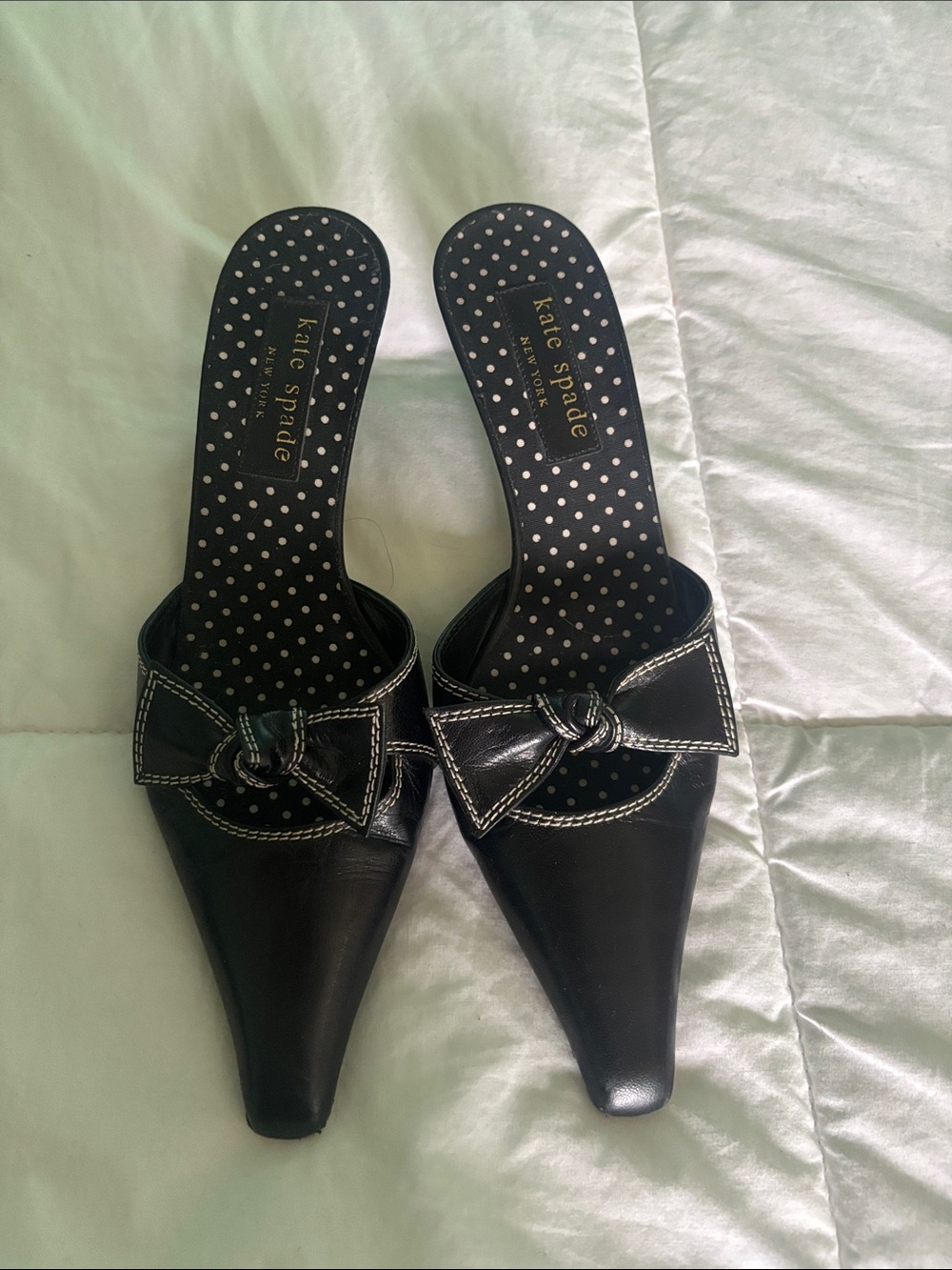 kate spade Black Pointed-Toe Bow Slip-On Mules